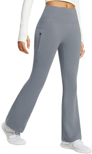 baleaf Termobyxor för kvinnor med fickor flare leggings hög midja bootcut termo leggings sweatpants vinter yogabyxor, Grå, XXL