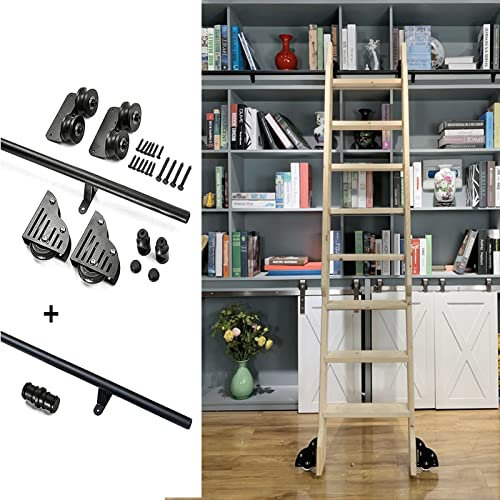 WhfPs Schiebetür-Hardware-Kit | Bibliotheks-Rollleiterschienen-Hardware | Rundrohr-Kohlenstoffstahlschlitten | Gleitschienen-Rollensystem, robuste Schiene (ohne Leiter) – 1 m, 2 m, 3 m, 4 m, 5 m,