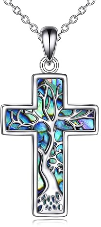 YFN Kreuz Kette Damen Sterling Silber Abalone Lebensbaum Kreuz Anhänger Halskette Baum des Lebens Kreuz Schmuck für Damen Herren Christliche Geschenke