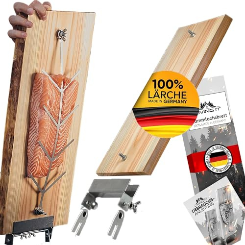 LIVING IT Flammlachsbrett mit Halterung aus Edelstahl (100% Made IN Germany) Lachsbrett aus 100% hochwertiger Lärche Ideal für Feuerschale, Grill und Kugelgrill (Perfekt für Lachs Fans)
