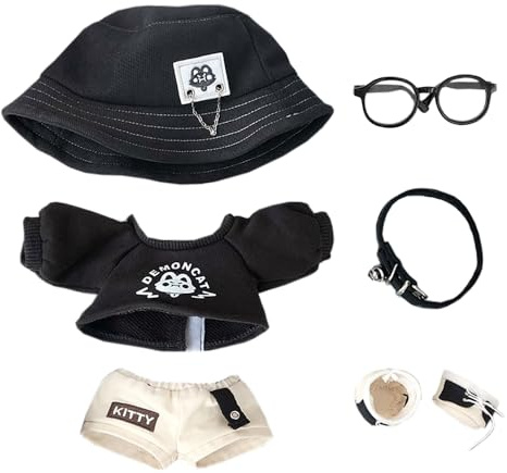 niannyyhouse 20 cm große Plüschpuppe, Kleidung, Hut, langärmelig, T-Shirt, Hose, Brille, Halskette, Schuhe, Dämonen-Outfit, 20,3 cm Puppenzubehör