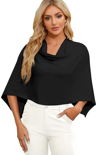 PULI Women Capri Poncho Sweater Petite Cropped Versatile Shawl Slender Frame Fit Soft Knit Wraps Cowl Neck Short Tops Black