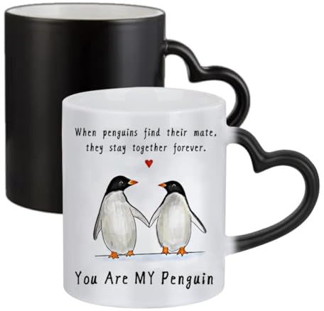 When Penguin Find Their Mate, They Stay Together Forever, Valentine's Day Gift, Ceramic Heart Handle Mug, Colour Changing Magic Mug.