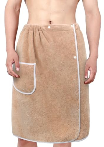 IPENNY Men’s Absorbent Body Wrap Bath Towel Soft Cozy Bathrobe Quick Dry Microfibre Sarong Kilt with Pocket & Adjustable Closure- For Home Pool Shower Bath Gym Sauna, One Size Fits Most