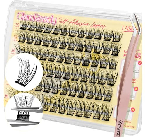 LASHVIEW Kit de 60 extensions de cils auto-adhésifs - Cils à presser - 10 à 16 mm - Avec pince à épiler - Pas besoin de colle - Naturelles auto-adhésives (Z58)