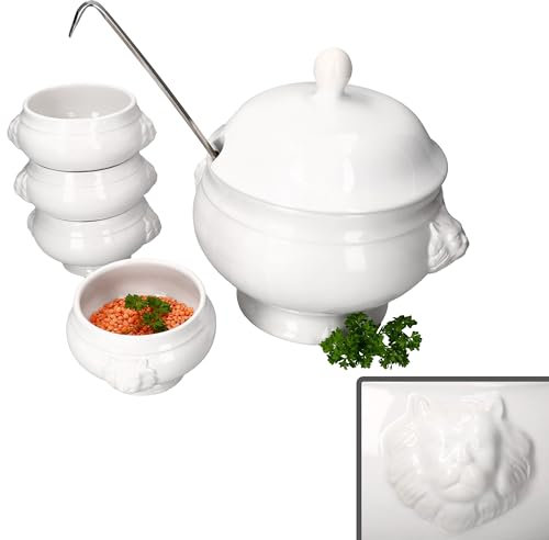 MamboCat 5tlg. Set LEO Löwenkopf-Terrine mit & ohne Deckel I 4x 0,25L & 1x 2 Liter I weiße Suppenschüssel mit Löwenköpfen für Suppe & Eintöpfe