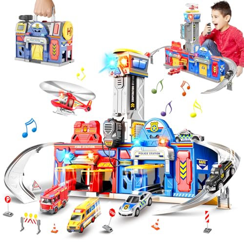 TERRAMUS Jouets véhicules de sauvetage camion ensemble jeu kit police caserne pompiers cadeau anniversaire