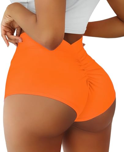 Women's Booty Shorts-High Waist V Back Yoga Shorts- Spandex Dance Hot Pants Butt Lifting Rave Bottoms, Orange, M
