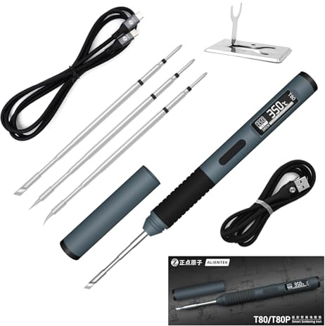 ALIENTEK Soldering Iron Kit, PD/QC 100W Mini Digital Soldering Iron 176-842℉ Fast Heating T80/T80P,Type-C Portable Digital OLED Screen Display, Auto Sleep (T80+C2C+3 type tips)