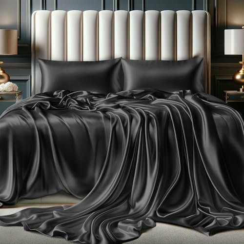DECOLURE Satin Bed Sheets - 4 Piece Luxury Silky King Size Bedding Set - Softer Than Silk, Wrinkle-Free with 15” Deep Pocket Fitted Sheet, Perfect for Hair & Skin, Gifts for Women (Stone Grey)
