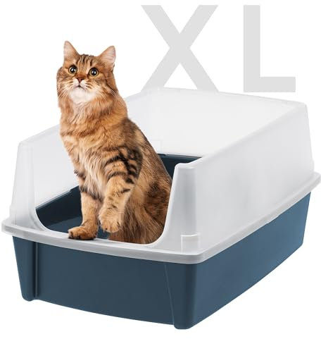 IRIS USA Cat Litter Box XX-Large Open Top with High Sided Walls Tall Scatter Shield Scoop Included Easy Clean Plastic Pan for Big Cats Kittens Multi-Cat Households 30L x 20W x 14H Navy