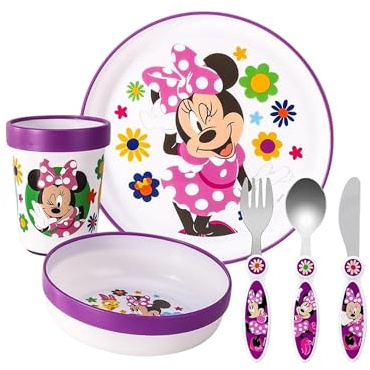 Minnie Mouse Kids - Juego de vajilla reutilizable de 6 piezas, plato/cuenco/taza/cuchillo/tenedor/cuchara, vajilla para niños