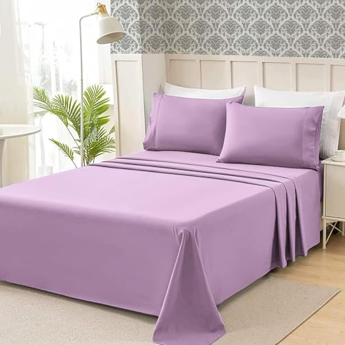 Juego de Sábanas de 4 Piezas,Poliéster Microfibra Cepillado y Prelavado,Sábana Bajera Ajustable,Sábana encimera,Dos Funda para Almohada de 50x75cm,Suave y Retención de Calor Lila Cama 135 x 200