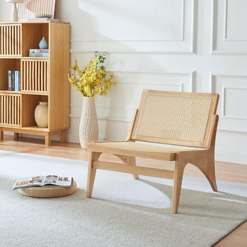 Panana Armchair, Wood Frame Rattan Seat and Backrest Accent Chair, Occasional Chair for Living Room, Reception, Bedroom, Balcony (Natural, Chair Only)