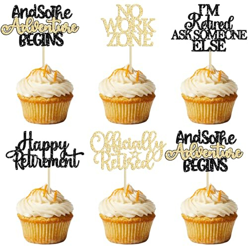Gyufise 30Pcs Happy Retirement Cupcake Toppers Officially Retired Cupcake Picks No Work Zone Adventure Begins Cake Decorations for Retirement Theme Farewell Birthday Party Supplies Black Gold