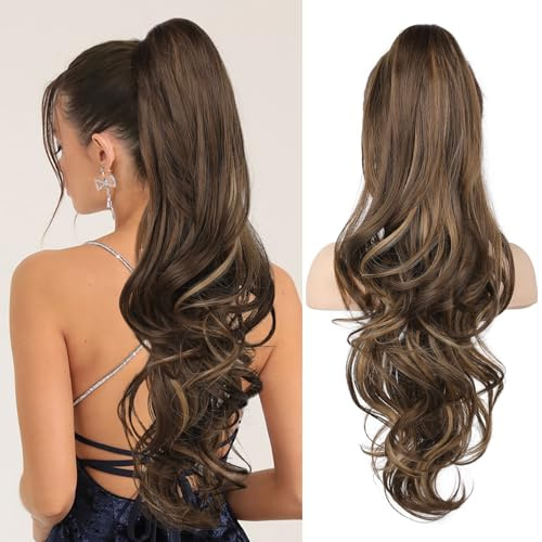 FLUFYMOOZ Ponytail Extension, 66cm Pferdeschwanzverlängerung lange, gewellte, lockige Klauen Clip in Pferdeschwanz Haarverlängerung, synthetisches Haarteil für Frauen-Dunkelbraun mit Dunkelblond