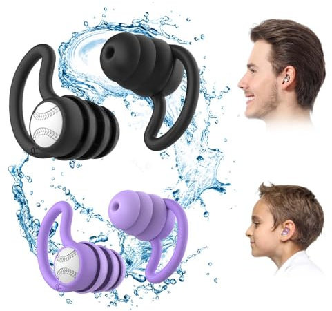 Tapones para los oídos de natación para adultos - Impermeables reutilizables de silicona suave tapones para los oídos para la ducha, natación (Negro+Morado)