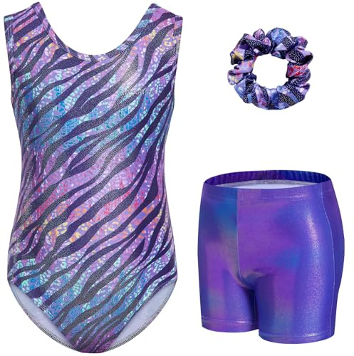 Gogokids, Completo da ginnastica bambina composto da tre pezzi, body senza maniche, pantaloncini e fascia per capelli, tuta danza classica scintillante, con design a colori sfumati, dai 3 ai 12 anni