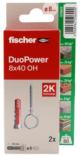 fischer - Duopower 8 x 40 avec broche fermée - 2U, chevilles murales multi-matériaux, pour accrocher des vélos, des cadres, des armoires, des supports de télévision, des étagères, des meubles.