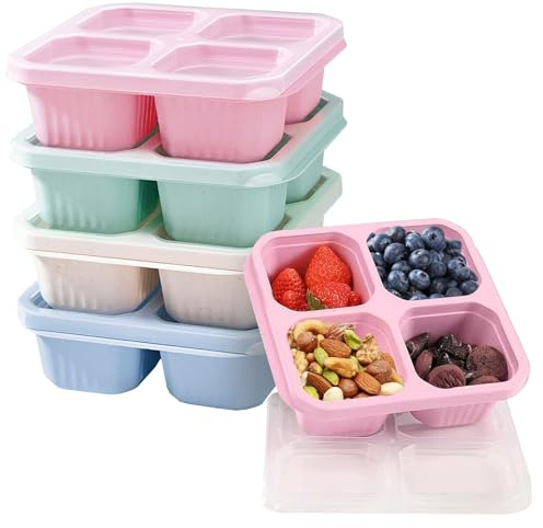Yeqqzq 4 Pack Snack Boxes, Snack Containers with 4 Compartments, Bento Lunch Boxes for Kids Adults Leakproof Divided Food Storage for School Work Travel