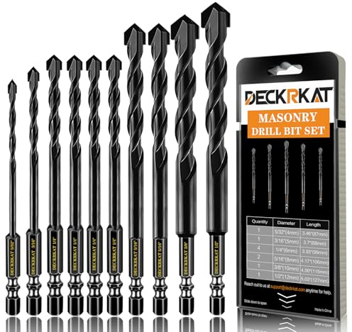 DECKRKAT 10-Piece Black Masonry Drill Bit Set for Concrete, Brick, Tile - Carbide Tipped, Quick Change 1/4 Hex Shank (5/32 x1, 3/16 x1, 1/4 x4, 5/16 x2, 3/8 x1, 1/2 x1) w/Storage Case