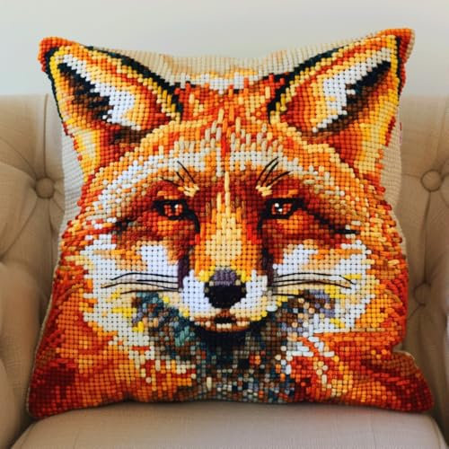 Kitquiver Fantasie Diy Knüpfkissen Set Fuchs Tier Knüpfkissen-Sets,Grobes Kreuzstich-Set,Diy-Stickerei-Nadelspitzen-Kit Für Heimdekoration 17x17in