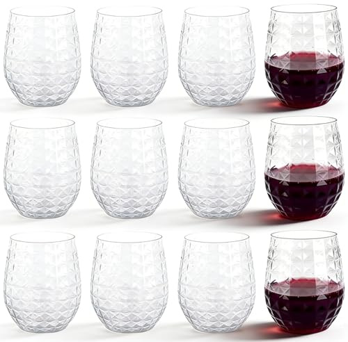 LOLYSIC 12Pcs Plastic Stemless Wine Glasses, 360ml 12oz Reusable Plastic Wine Glasses, Unbreakable Shatterproof Wine Drinking Cups for Indoor Outdoor Camping Picnic Party