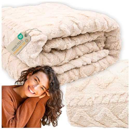 ZOLTA Kuscheldecke 160x200 cm Beige Wohndecke Tagesdecke Sofaüberwurf warm weich dick geprägtes Muster Oeko-TEX pflegeleicht Geschenk Wohnzimmer Schlafzimmer Skandinavisch Polyester