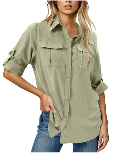 Womens UPF 50+ UV Sun Protection Safari Shirts Long Sleeve Outdoor Cool Quick Dry Fishing Hiking Gardening Shirts (US, Alpha, Large, Regular, Regular, Khaki)