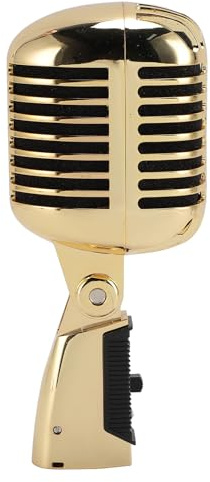 Bewinner Microfono per Voce Dinamico retrò, Microfono in Lega di Zinco Stile Vintage con Rack Rotante Autotensionante, Modello Cardioide per KTV, Palco, Studio di Registrazione (GOLD)