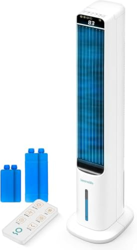 SereneLife Raffrescatore Evaporativo e Ventilatore a Torre con Telecomando, Serbatoio 5 L, 4 Cubetti di Ghiaccio, 3 Velocità, Oscillazione, per Casa e Ufficio, Portatile ed Efficiente