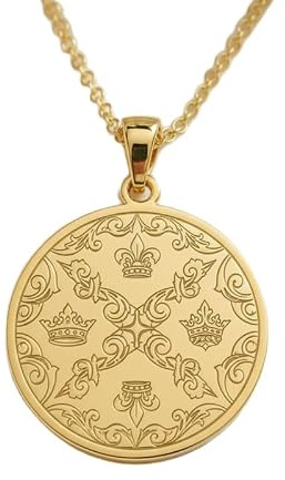 Collier pendentif rond en argent sterling 925 plaqué or, orné d'un emblème royal gravé, avec chaîne maille forçat de 45 cm (18 pouces). Bijou fait main pour homme et femme | WWS_EGP_00791