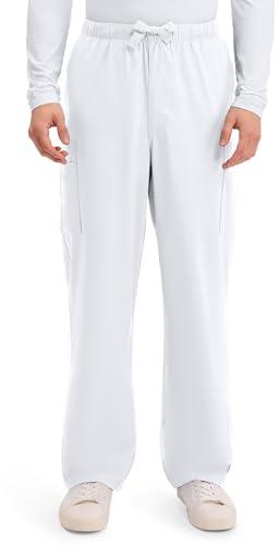 Cherokee Traditional Fit Cargo Scrub Pants for Men with Elastic Waistband 4243, L, White