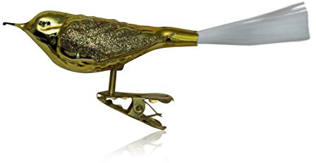 Lauschaer Glas Christbaumschmuck Vogel mit Glasschwanz Gold Glanz 3 Stück Christbaumschmuck Weihnachtsbaumschmuck mundgeblasen, handdekoriert