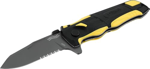Walther RK 2 Rettungsmesser gelb, Gurtschneider, Glasbrecher | Rescue Knife mit 90 mm 12C27 Klinge, Nylonholster