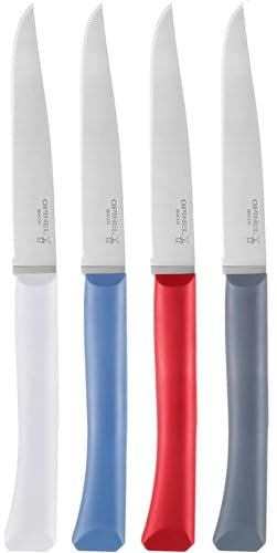 Opinel - Coffret 4 Couteaux de Table Bon Appétit+ Primo - Lame Denture Velours INOX - Manche Confort - Fabrication Française - Bleu, Rouge, Nuage, Anthracite