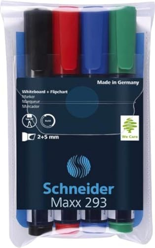 SCHNEIDER® Maxx 293 - Pennarello ricaricabile, punta a scalpello, 2-5 mm, colore inchiostro: 4 pezzi assortiti (4 pezzi), confezione da 4 pezzi