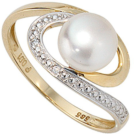 Jobo Damen-Ring aus 14 Karat 585 Gold mit Perle und 2 Diamanten Größe 50