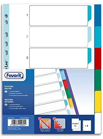 Favorit 400132501 Universellt register med perforering för ringpärmar med 6 neutrala färgade skåror, invändigt format A4, polypropylen (giftfri plast)