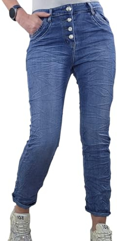 Karostar Damen Stretch Jeans| Casual Boyfriend Denim Hose| mit sichtbarer Knopfleiste (Classic Denim Blue, M)