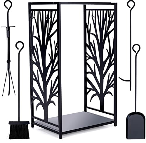 WILLOW WEAVE Firewood Rack Fire Log Holder Storage Set with 4 Tools Brush, Shovel, Poker, and Tongs, Easy to Use and Clean, Decorative Fireplace Wood Rack, Great Space Saver for Indoor/Outdoor