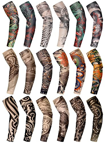 Geyoga 18 Pcs Temporary Tattoo Sleeves for Men Cooling Arm Sleeves UV Protection Sun Anti Slip Arm Cover Outdoor Activities(Vivid Pattern,Medium)