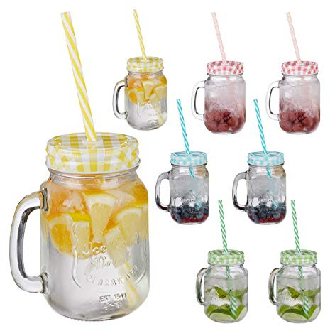 Relaxdays Set de 32 Vasos con Tapa, Pajita y asa, Cristalería, Multi-Color