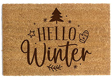 Weihnachts-Fußmatte mit lustigem Thema, Kokosfaser, Hauseingang, Fußmatte, X-MAS Santa Rentiere, Weihnachtsbaum, 40 x 60 cm (Hello Winter)