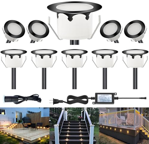 CHNXU LED Outdoor Deck Lights with Photocell, Φ1.77in Warm White 10 Pack Black, Low Voltage 12V DC IP67 Waterproof, Electric Wired Recessed Stair Step Riser Landscape Lighting for Outside Floor Yard