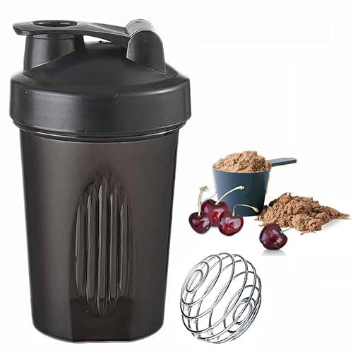 400ml Protein Shaker Bottle, Protein Shake Mixer, Shaker Cups Portable Pre Workout with Wire Mixball Blender Perfect for Mixing Powdered Shakes, Clear, BPA Free and DEHP-free, Dishwasher Safe (Black)