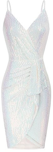GRACE KARIN Cocktailkleid Damen Kurz Partykleid Bodycon Minikleid Spaghettiträger Kleider V-Ausschnitt Cami Kleid Weiß - Pailletten L