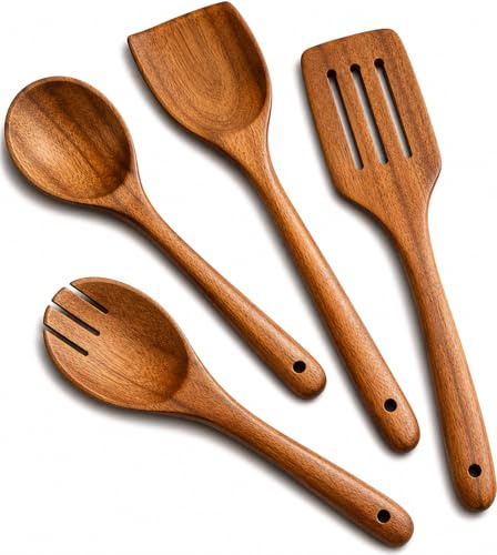 4 Piece Non-Stick Acacia Wooden Cutlery Spoon Set for Cooking, Wood Kitchen Utensils Salad Spoon & Fork, Turner & Slotted Spatula Set, Long Handle Cookware Tools, 12 & 10 Inch, Natural Brown