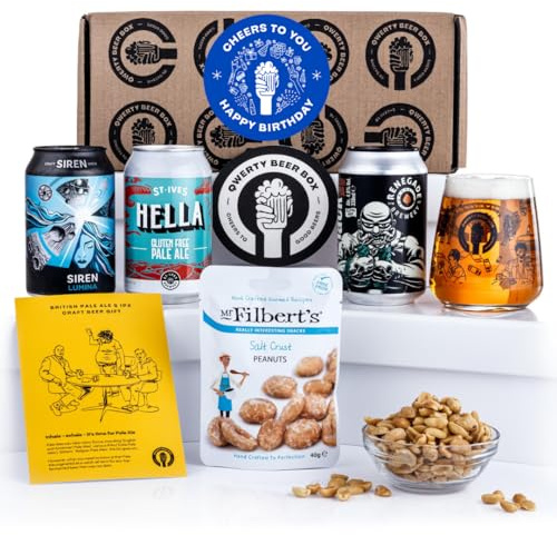 Premium Happy Birthday Craft Beer Gift Pack - 3x330ml Craft Beer Cans Including IPA and other Pale Ales, Bespoke Branded Glass, Delicious Mr.Filberts Snack and Tasting Notes - Birthday Gift