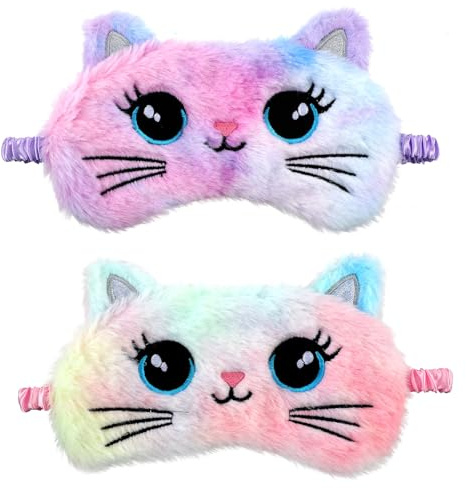 Lot De 2 Masques De Sommeil En Peluche Douce pour Les Yeux Motif Animal Mignon Protection pour Les Yeux De Nuit pour Filles Et Garçons Fournitures De Voyage De Sieste De Fête (Coloré Style Chat)